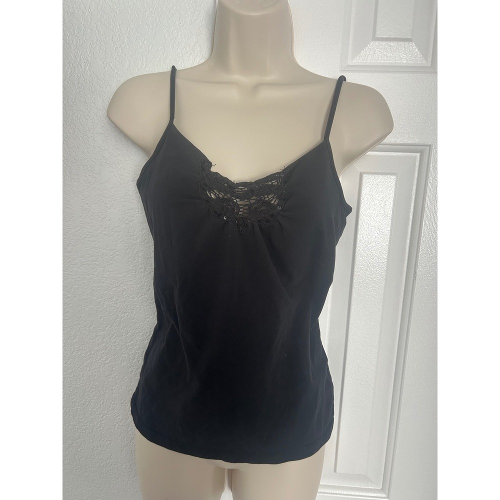 a.n.a Black Lace Sequin V-Neck Camisole Tank Top with Shelf Bra Medium y2k